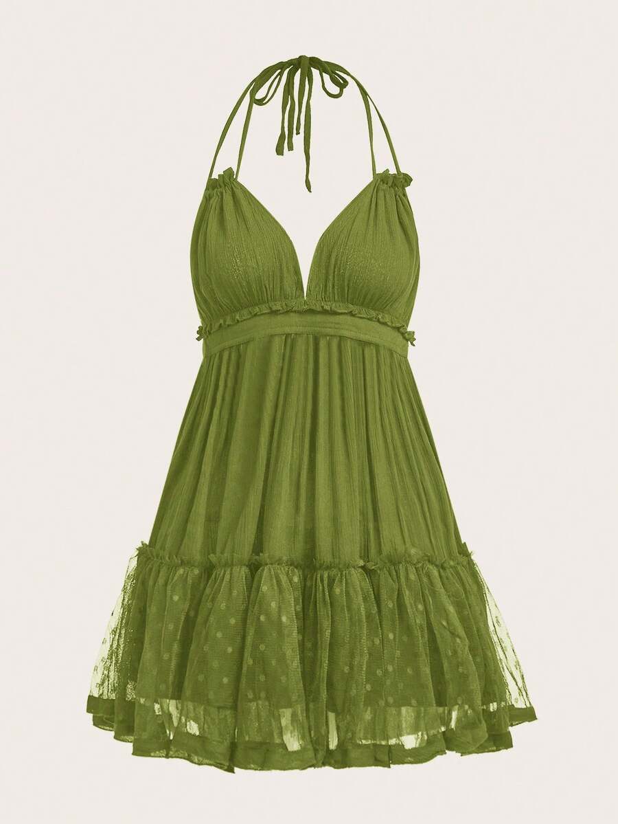 Aveloria Rosie Dobby Mesh Self-Tie Ruffled Halter Dress Vacation Outfits Woman  - Olive Green - View 1