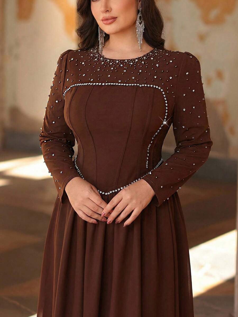 Aureia Plus Size Elegant & Dark Brown Spring Round Neck Crystal & Pearl Embellished A-Line Dress,Formal Party Wedding Evening Gown,Formal Occasion