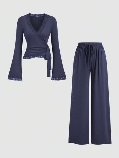 Sweetra Women's Coffee Brown Lace Trim V-Neck Criss-Cross Tie Waist Long Sleeve Straight Leg Pants Elegant 2 Pieces Set, Autumn/Winter