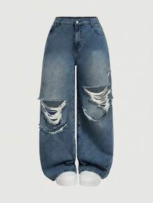 SHEIN MOD Jeans acampanados y sueltos con rotos para mujer de talla grande, azul - Azul lavado medio - Ver 1