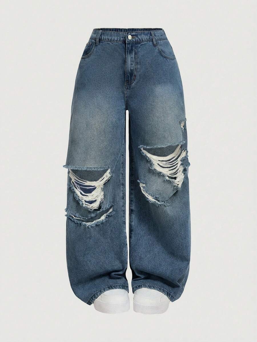 SHEIN MOD Jeans acampanados y sueltos con rotos para mujer de talla grande, azul - Azul lavado medio - Ver 1