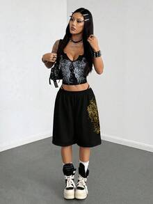 StreetHx Women's Loose Fit Gray Punk Print Capri Pants - Black - View 5