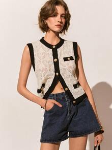 Poéselle Women's New Casual Loose Personalized Minimalist Commuting French Style Hollow Out Sleeveless Knit Top, Spring/Summer - Black and White - View 6