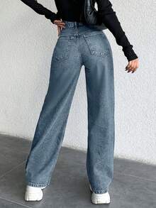 EURMUSE 100%Cotton Straight Slant Pocket Casual Washed Jeans - Baby Blue - View 2