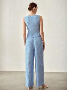 MOTF PREMIUM 时尚优雅定制V领无袖修身上衣和裤子两件套女装，春夏款 - 淺藍色 - 查看 4