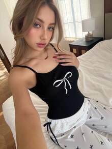 SHEIN Women's Bow Tie Camisole And Lace Ruffle Hem Pants Pajama Set - Black and White - View 3