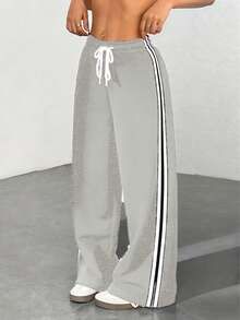 Pantalón casual negro con rayas laterales, simple y de moda para uso diario - Gris - Ver 1