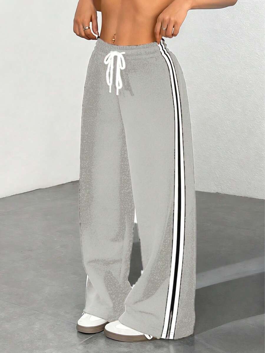 Pantalón casual negro con rayas laterales, simple y de moda para uso diario - Gris - Ver 1