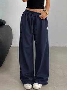 SHEIN Teen Girls Casual Loose Fit Low Waist Elastic Waistband Wide Leg Sweatpants, Versatile For Spring, Summer, Autumn, Winter - Navy Blue - View 10