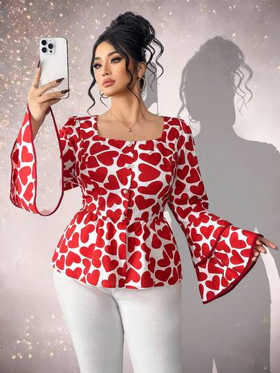 Elenzga Women's Plus Size Sweetheart Neck Peplum Blouse Red Heart Print Woven Fabric Long Bell Sleeves Top