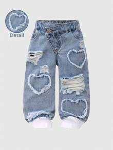 Baby Girls' Slant Waist Ripped Jeans, Tapered Pants, Little Diva's Casual Fashion Essential! Light Washed Denim Fabric, Elastic Waistband + Fake Chain Design, Paired With Exquisite Distressed Details, Tapered Silhouette Slims The Figure, Showcasing The Baby's Unique Fashion Sense. Perfect For Daily Outings, Birthday Parties, Weekend Trips, And More, Making The Baby The Center Of Attention. - Medium Wash - View 3