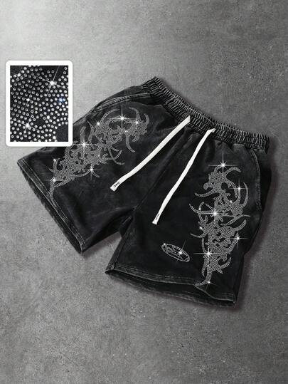 ROMWE MEN Men's Casual Street Style Rhinestone & Thorn Print Shorts