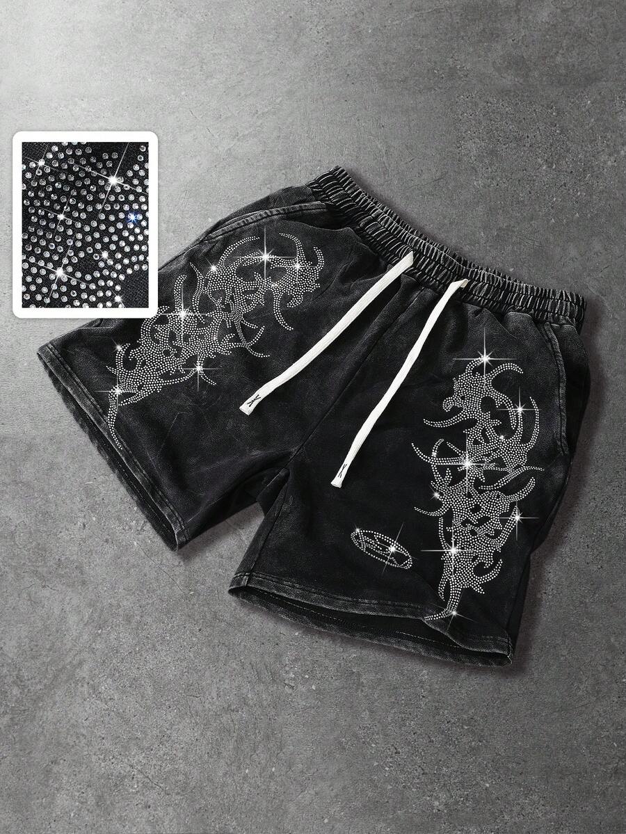ROMWE MEN Street Life Men's Casual Street Style Rhinestone & Thorn Print Shorts - Black - View 1