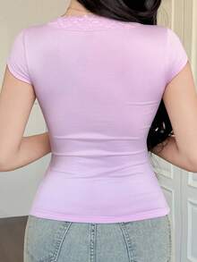 DAZY Áo thun nữ cổ chữ V dáng ôm, kiểu dáng cơ bản, thoải mái, thích hợp cho kỳ nghỉ biển, màu hồng, mùa xuân/hè. - Màu tím - Xem 2