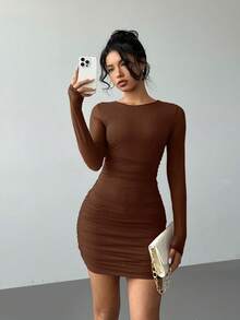 Aloruh Women's Solid Color Round Neck Long Sleeve Burgundy Mesh Mini Bodycon Dress, Autumn/Winter - Brown - View 4