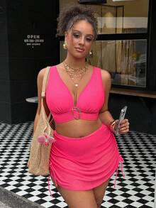 Swim Vcay Plus Size Solid Color Metal Decor Women Swimwear Top - Pink - View 3