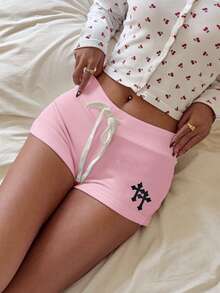 Comfortcana 休闲简约十字纹粉色抽绳腰修身短裤 - 淺粉色 - 查看 7