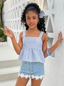 少女蓝白条纹露背蝴蝶结衬衫，夏季可爱休闲上衣 - 藍白色 - 查看 6