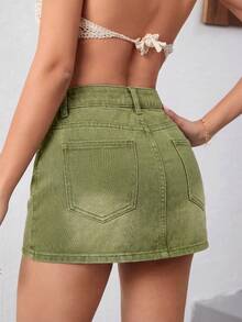 Minifalda de mezclilla lavada y rasgada de verano casual para mujer - Verde - Ver 5