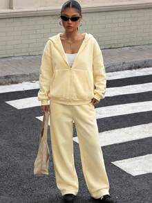 Muchica Bộ đồ nữ trơn màu gồm áo hoodie dài tay có khóa kéo và quần dài, kiểu dáng thường ngày. - Màu vàng ngỗng - Xem 6