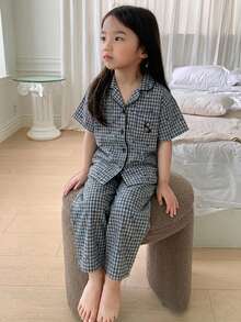 DAZY 2件套女童格子短袖上衣和裤子家居服套装，秋季 - 藏蓝色 - 查看 3