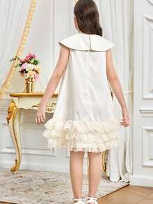 SHEIN Tween Girl Elegant Peter Pan Collar 3D Floral Decor Sleeveless Ruffle Hem Dress Tween Girl - Apricot - View 2