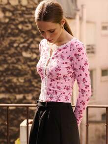 lacRébo Zebra Print Long Sleeve Top With Pink Lace Trim And Button Opening Fall Women Clothes Autumn Outfits Fall Women Clothes Autumn Winter - Pink - View 5