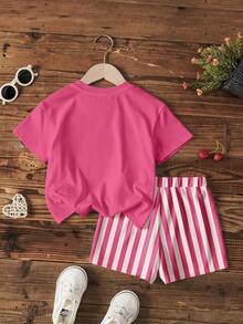 THE POWERPUFF GIRLS X SHEIN Conjunto de camiseta de manga corta con cuello redondo y pantalones cortos estampados a rayas con diseño de Flor, Burbujas y Buttercup para niña - Blanco - Ver 2