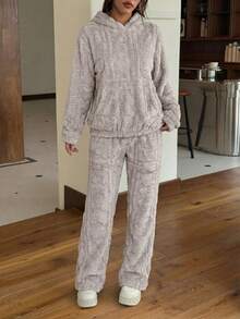 Mujer conjunto casual afelpado suave holgado con capucha manga larga otoño‑invierno para casa dos piezas,Conjuntos de dos piezas para mujer - Beis - Ver 2