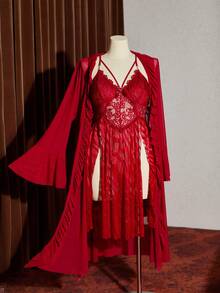 Slumberist Flare Sleeve Sexy Sheer Mesh Plus Size Women Robe Sexy Lace Waist Design Patchwork Jacquard Mesh Slit Plus Size Women Slip Dress, 2pcs Set - Burgundy - View 6