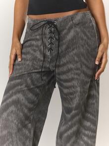 MUSERA Peacock Print Lace Up Straight Leg Printed Jeans Cool Girl Streetstyle Going Out Fall Autumn Winter - Dark Grey - View 5