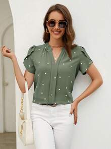 SHEIN Clasi Áo kiểu nữ mùa hè đi biển tay cánh hoa in hình trái tim, thích hợp mặc đi biển. - Màu xanh Ô liu - Xem 3