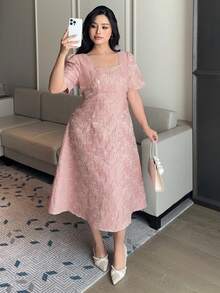 Dazy Plus Vestido de fiesta elegante de cuello cuadrado para mujer de talla grande, de manga corta, color rosa, vestido de verano de primavera/verano - Rosa - Ver 9