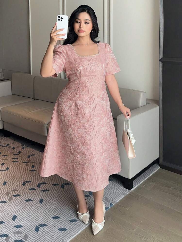 Dazy Plus Plus Size Women Square Collar Elegant Party Dress, Short Sleeve, Pink, Spring/Summer Sundress