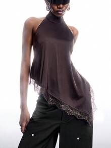 LYSMO Áo ba lỗ thời trang màu trơn cổ trụ không tay viền bèo nhún cho nữ - Cà phê nâu - Xem 4