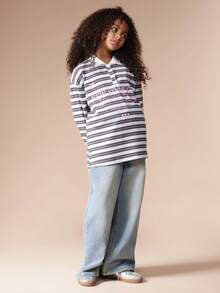 SUMWON Girls Striped Long Sleeve Polo Shirt With NYC Text Print White Collar Button Front Top Casual Vacation - Blue - View 4