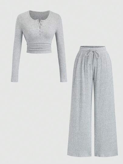 Sweetra Conjunto de 2 piezas de mujer, adecuado para salidas, viajes, uso casual, hogar, oficina, con diseño de cintura fruncida, banda elástica ajustable y tela texturizada de unicolor y felpa acanalada