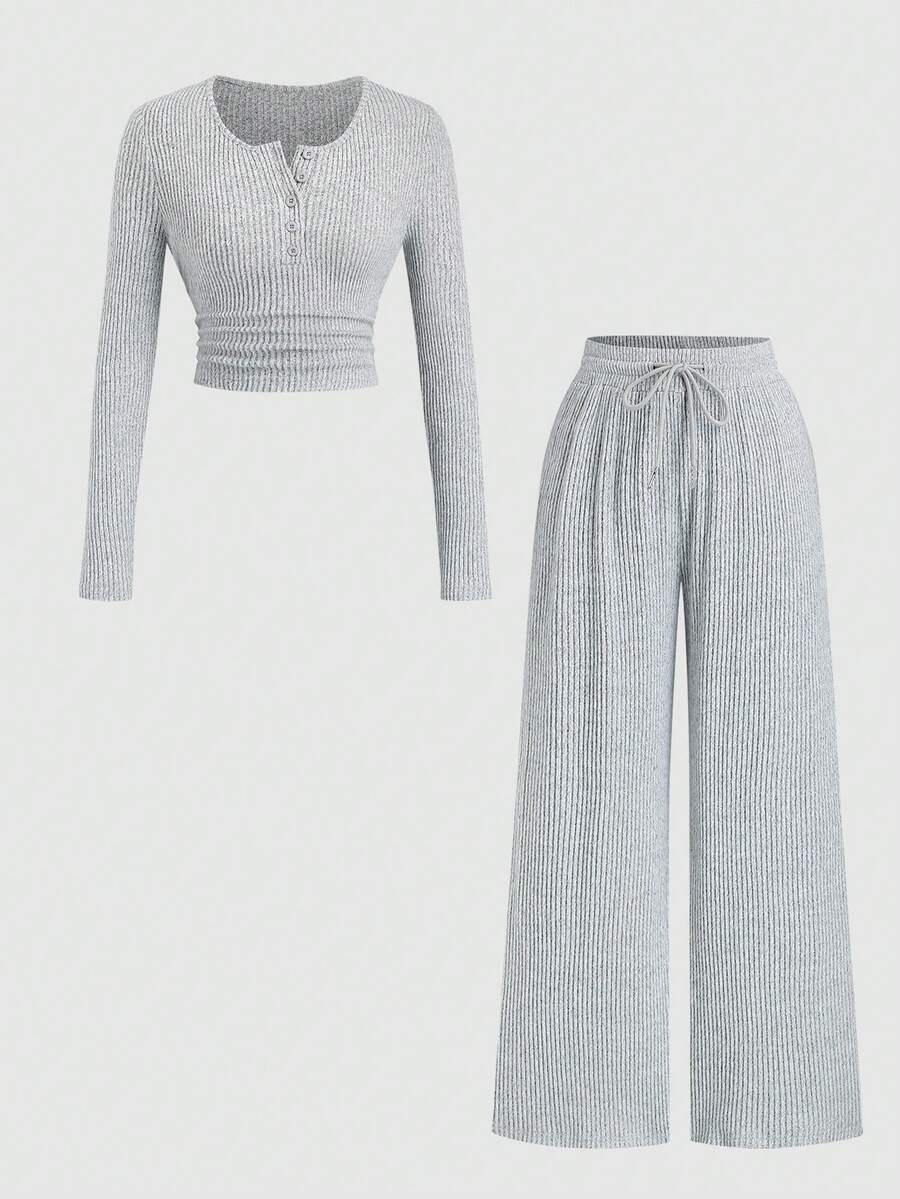 Sweetra Women's New Spring/Autumn/Winter Suitable For Outings, Commuting, Casual, Home, Office, Solid Color Plush Ribbed Fabric Open Front Decorative Waist Ruched Design Adjustable Waistband Textured Fabric 2-Piece Set - Grey - View 1