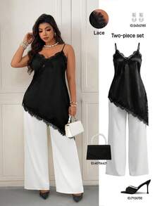 Femmeverse 女士加大码新款仿丝蕾丝拼接吊带背心和阔腿缎面裤套装 - 黑與白 - 查看 1
