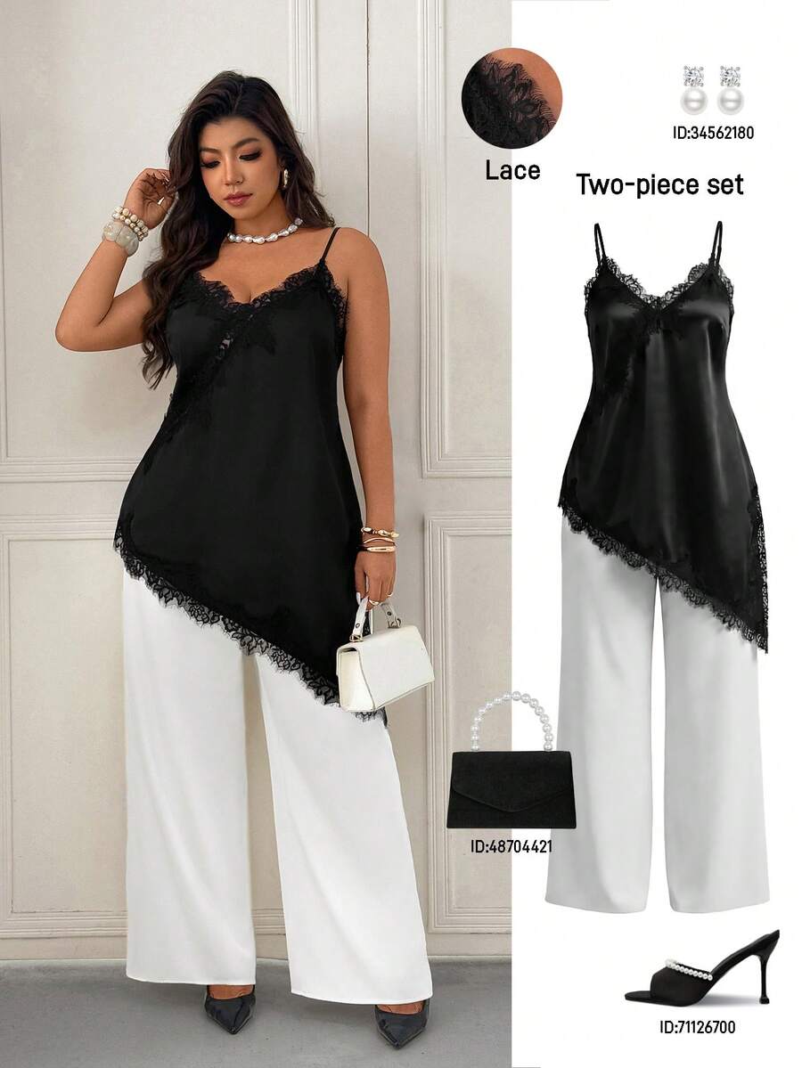 Femmeverse 女士加大码新款仿丝蕾丝拼接吊带背心和阔腿缎面裤套装 - 黑與白 - 查看 1