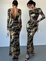 Firerie Kadınlar için Seksi Sırtı Açık Metalik Altın Rengi Vücuda Oturan Elbise, Parti İçin Uygun