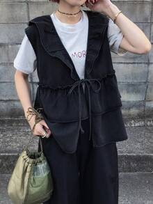 FRIFUL Women's Waist Tie Patchwork Ruffle Hem Denim Vest Jacket - Grey - View 3