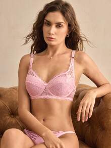 Charlaine 1件装女士浪漫蕾丝文胸，性感薄款内衣，简约文胸 - 粉色 - 查看 1