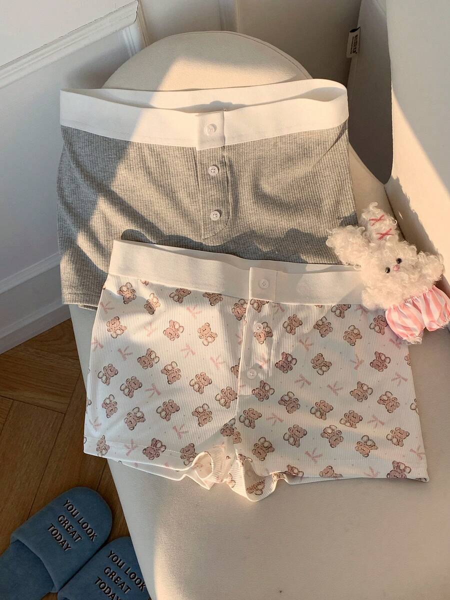 Comfortcana Bộ 2 chiếc quần short mùa hè cài cúc phía trước, in họa tiết dễ thương, kiểu dáng thường ngày. - Nhiều màu - Xem 1