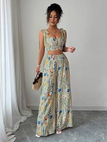 Elenzga 2件套 女士标准尺码吊带露背镂空设计+高腰阔腿直筒裤 - 薄荷綠 - 查看 5