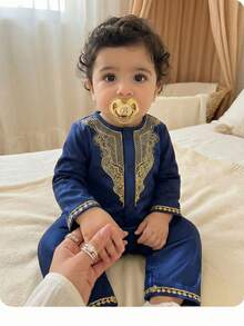 Newborn Baby Boy Cute Gold Pattern Romper, Autumn/Winter - Multicolor - View 4