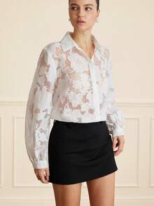 Aveloria Rosie Fashionable Perforated Floral Print Long Sleeve Shirt, Versatile European Style For Autumn/Winter - White - View 4