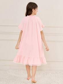 SHEIN Tween Girl Round Neck Short Sleeve Ruffle Trim Midi Dress - Pink - View 6