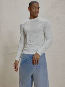 Musero Men Slim Fitted Long Sleeve Lightweight Crew-Neck T-Shirt Top SPRING SUMMER Essentials Capsule Wradrobe Layering - White - View 1