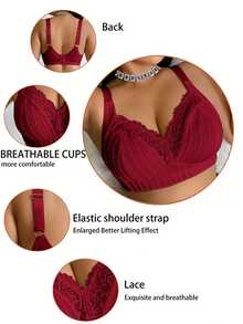 1pc Plus Size Lace Patchwork Wireless Bra - Burgundy - View 4